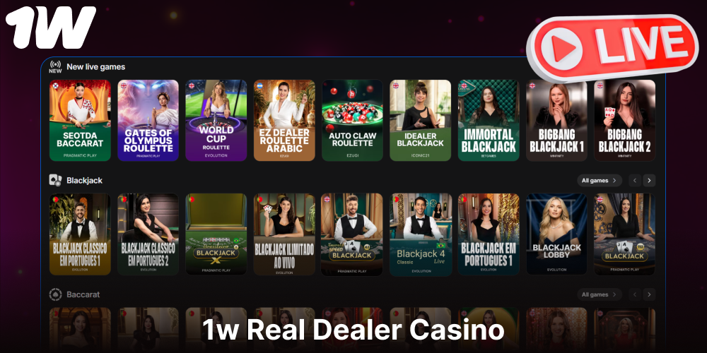 Live dealer games options available on 1w
