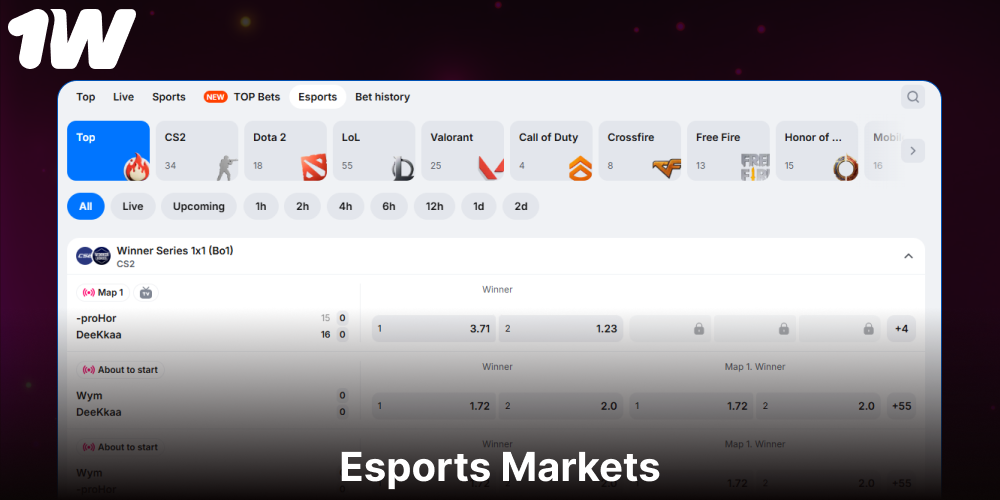 Esports betting oiptions available on 1w