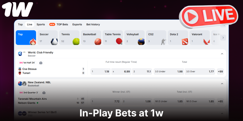 Live betting options available on 1w