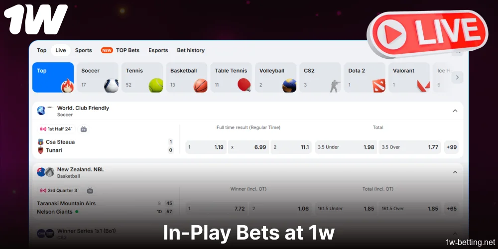 Live betting options available on 1w